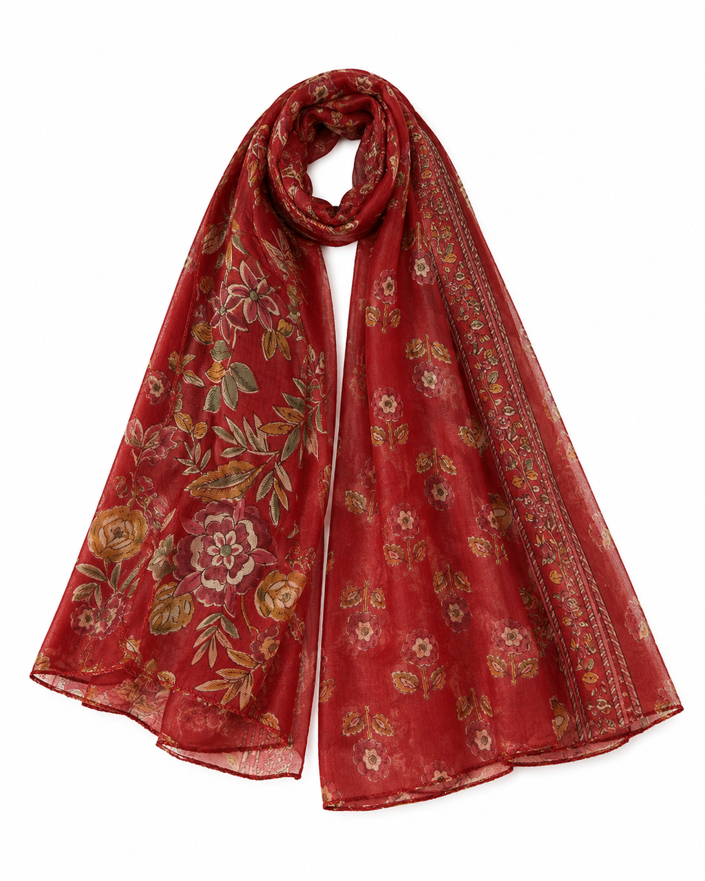 Red floral patterned scarf on a white background