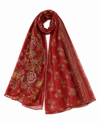 Red floral patterned scarf on a white background