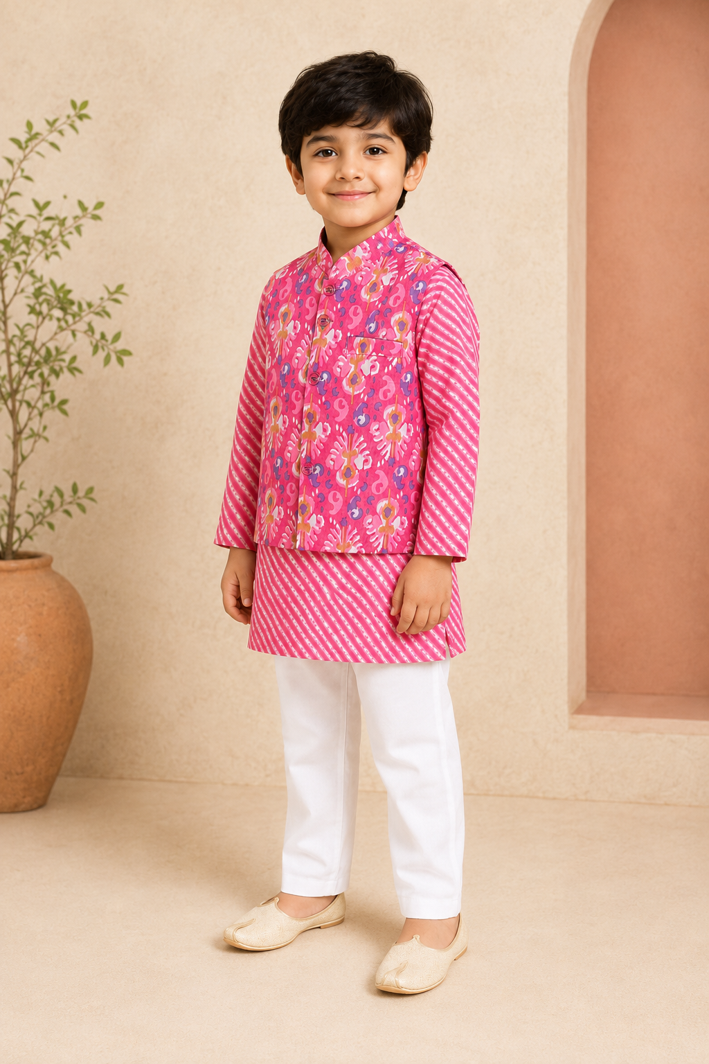 Child wearing a pink traditional outfit with white pants in a minimalistic setting.