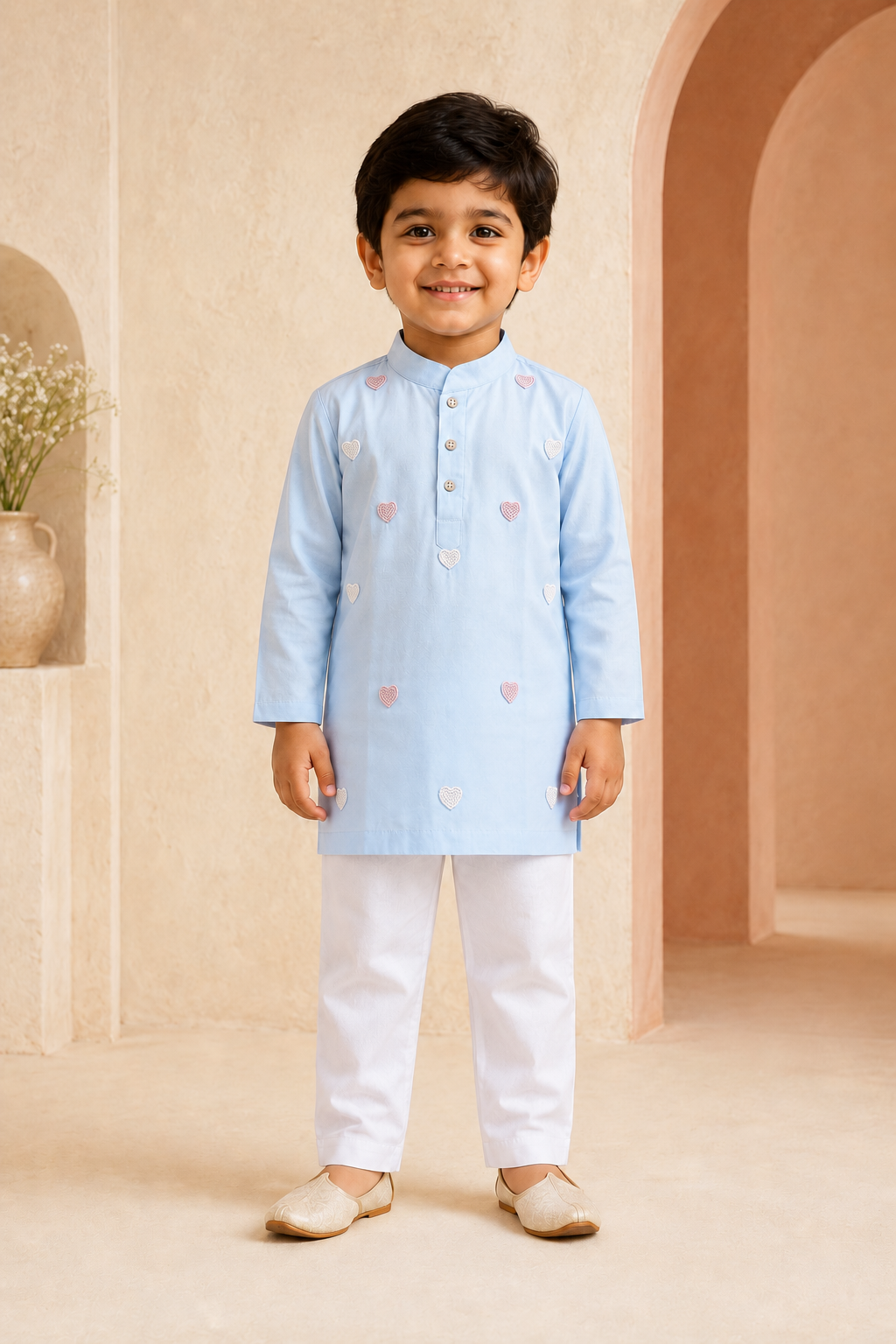 Child wearing a light blue kurta with white pants in an indoor setting