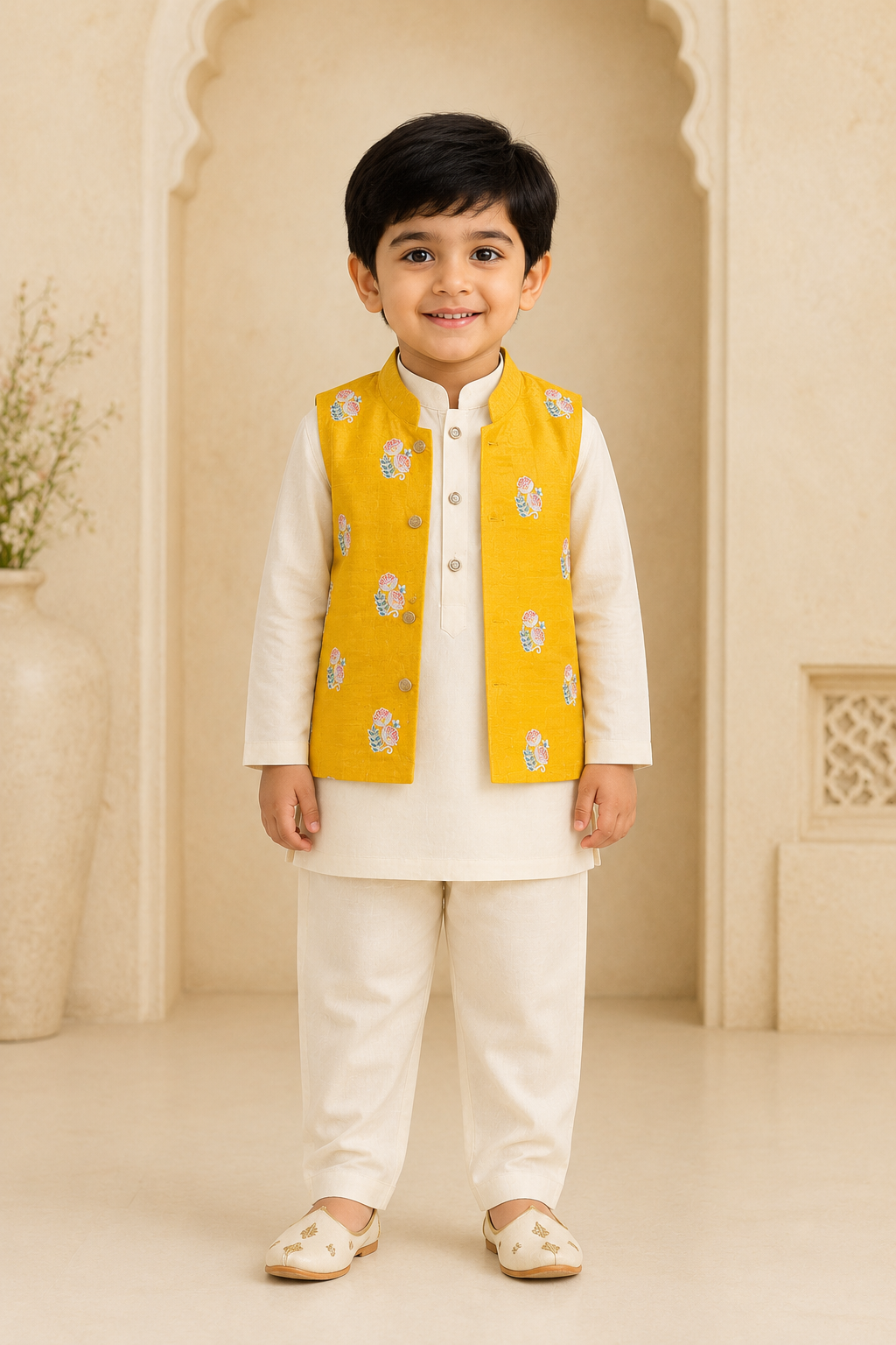 Child wearing a yellow vest over a white outfit in a decorative setting