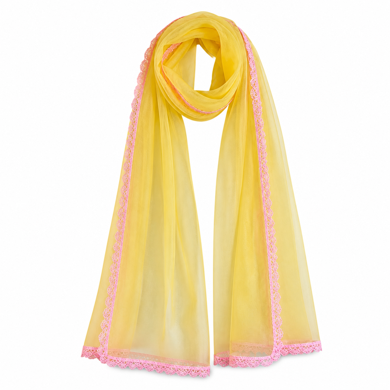 Yellow scarf with pink trim on a white background