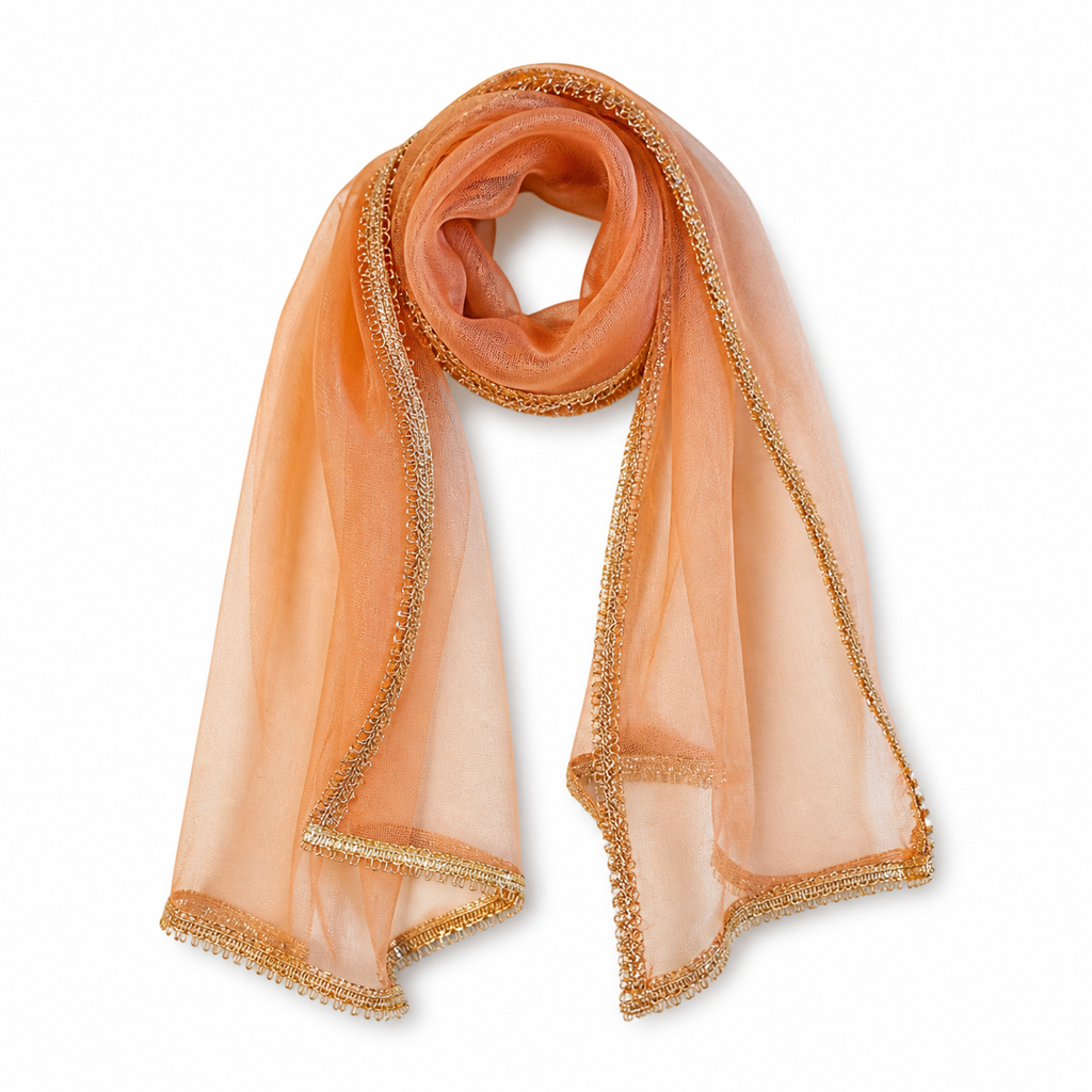 Orange scarf with gold trim on a white background