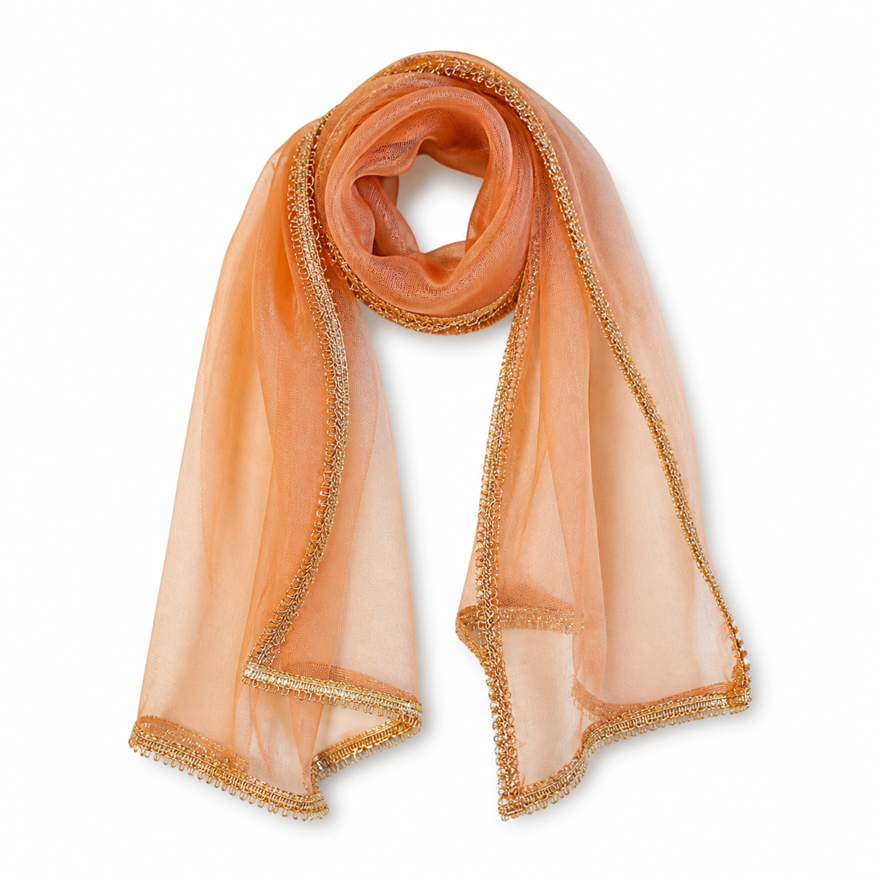Orange scarf with gold trim on a white background