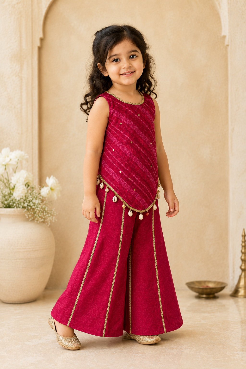 Young girl in a pink traditional outfit standing indoors with a decorative background.