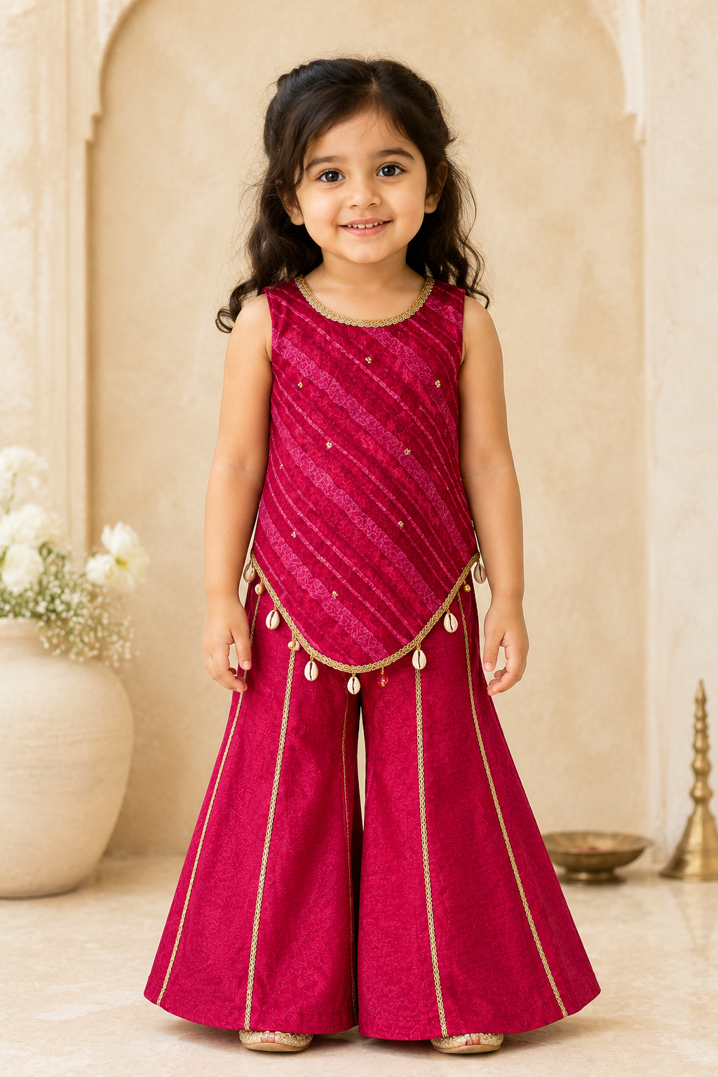 Young girl in a pink traditional outfit standing in a decorated room.