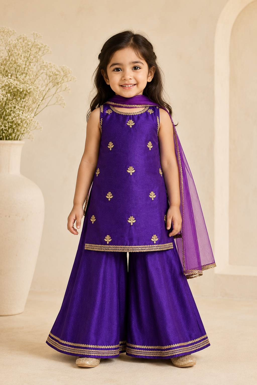 Young girl wearing a purple traditional outfit with a matching dupatta in a neutral setting.