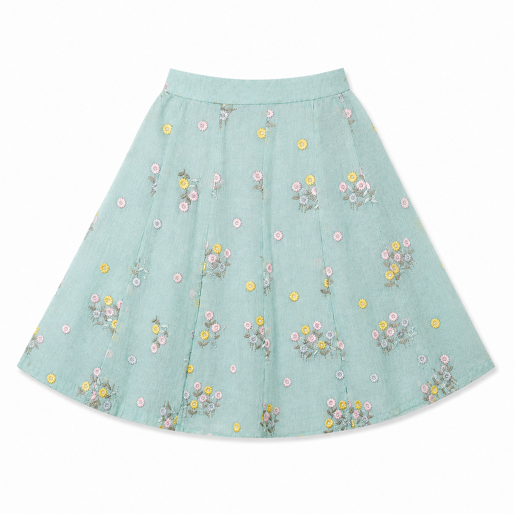 Light blue skirt with floral pattern on a white background