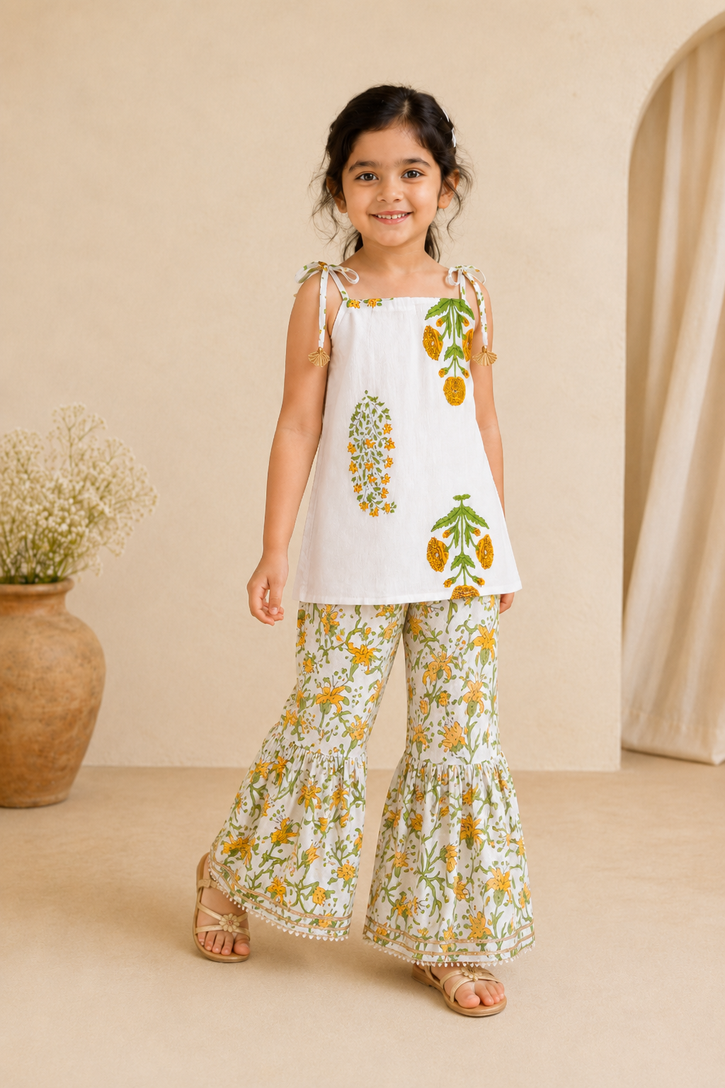 Young girl wearing a floral outfit standing against a beige background