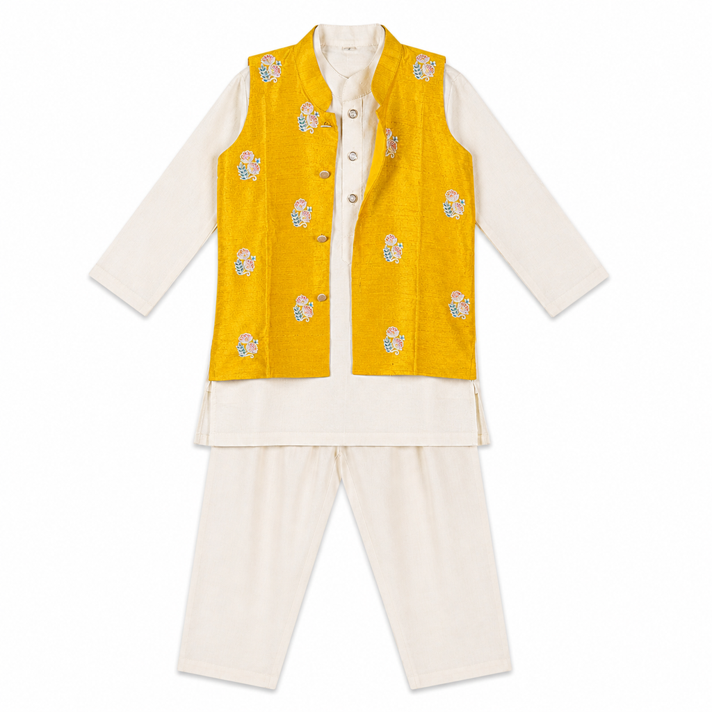 Yellow Koti with white Kurta & Pant