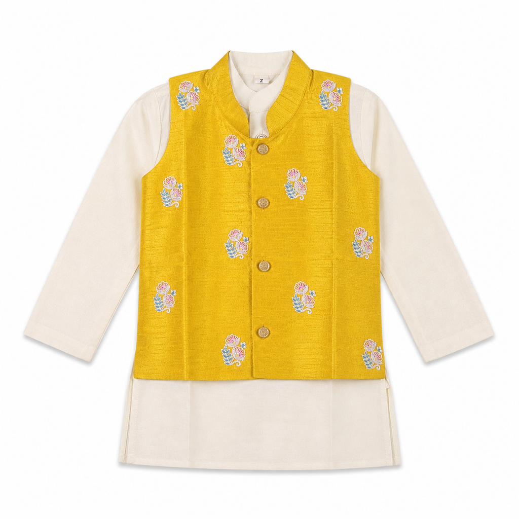 yellow floral koti jacket with with kurta