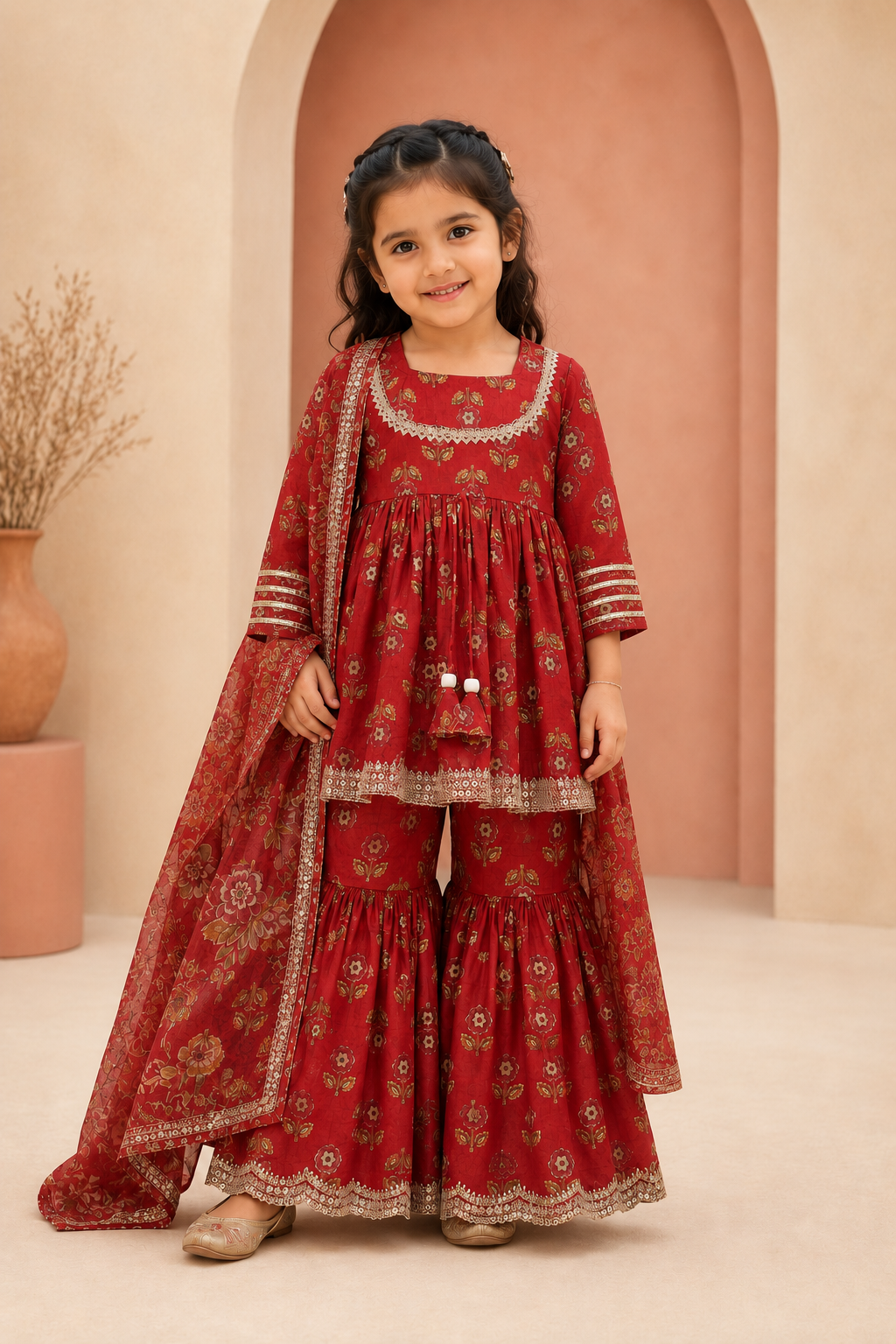 Young girl in a red traditional outfit standing in a softly lit room.