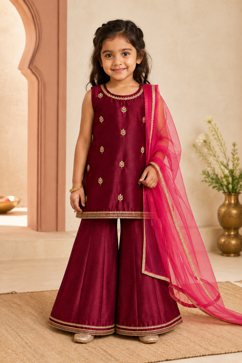 Young girl in a maroon traditional outfit with a pink dupatta standing indoors.