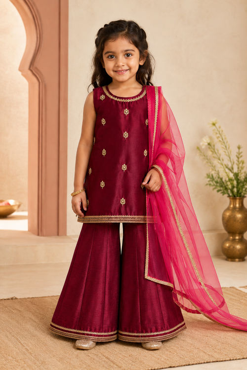 Young girl in a maroon traditional outfit with a pink dupatta standing indoors.