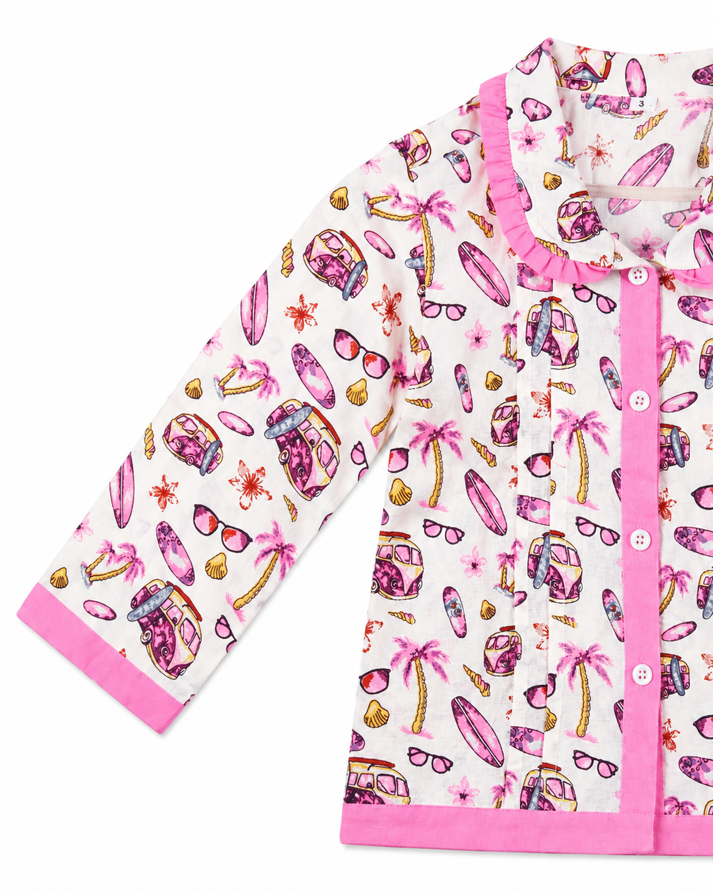 Close-up of pink tropical print pajama shirt by Miniminks