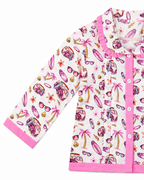 Close-up of pink tropical print pajama shirt by Miniminks
