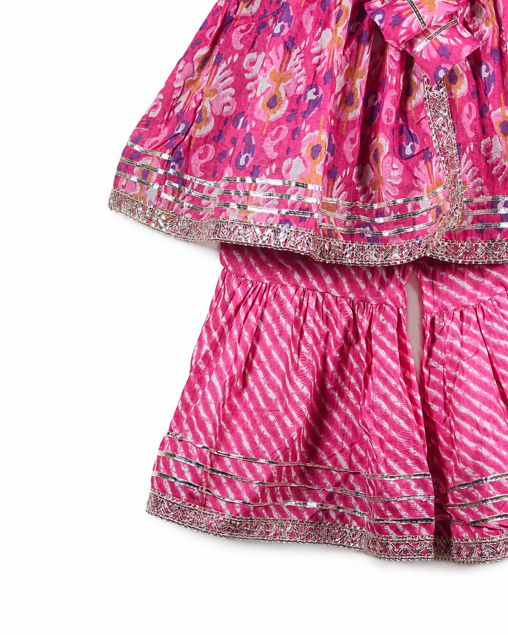 Pink traditional outfit with floral patterns on a white background