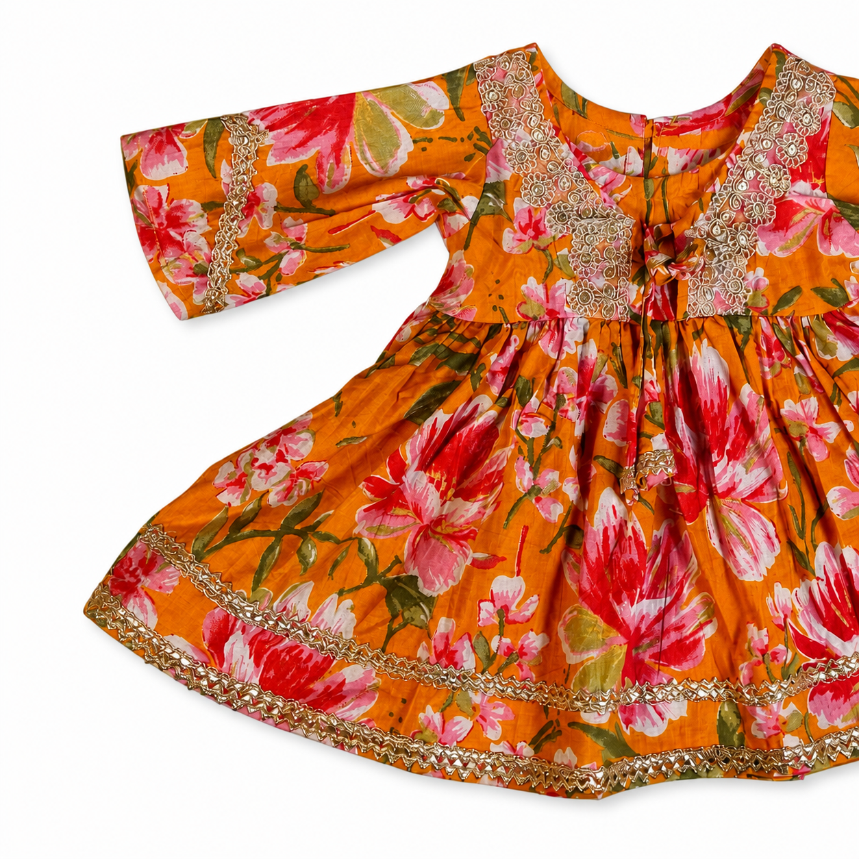 Floral dress with orange and pink flowers on a white background