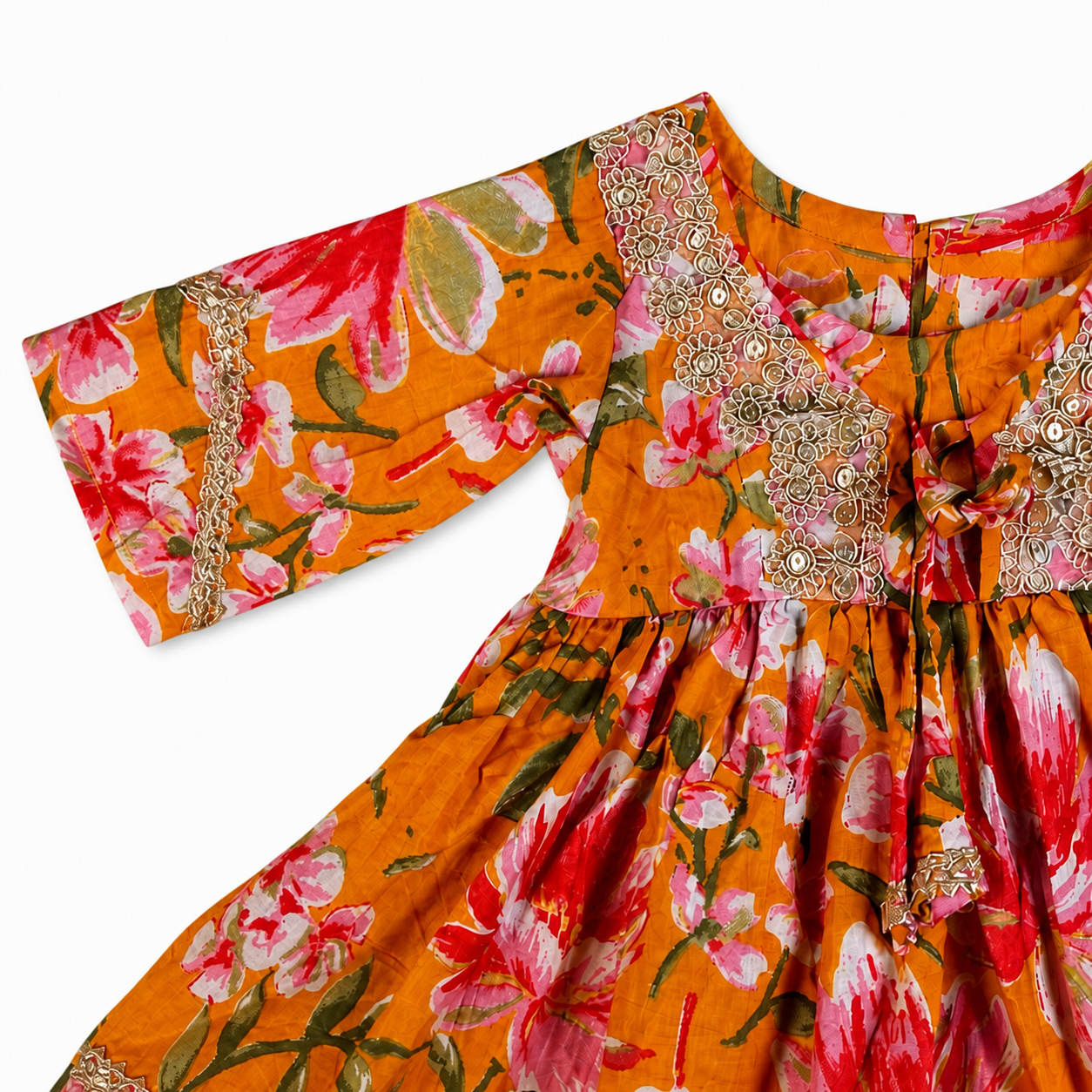 Vibrant floral dress with gold trim