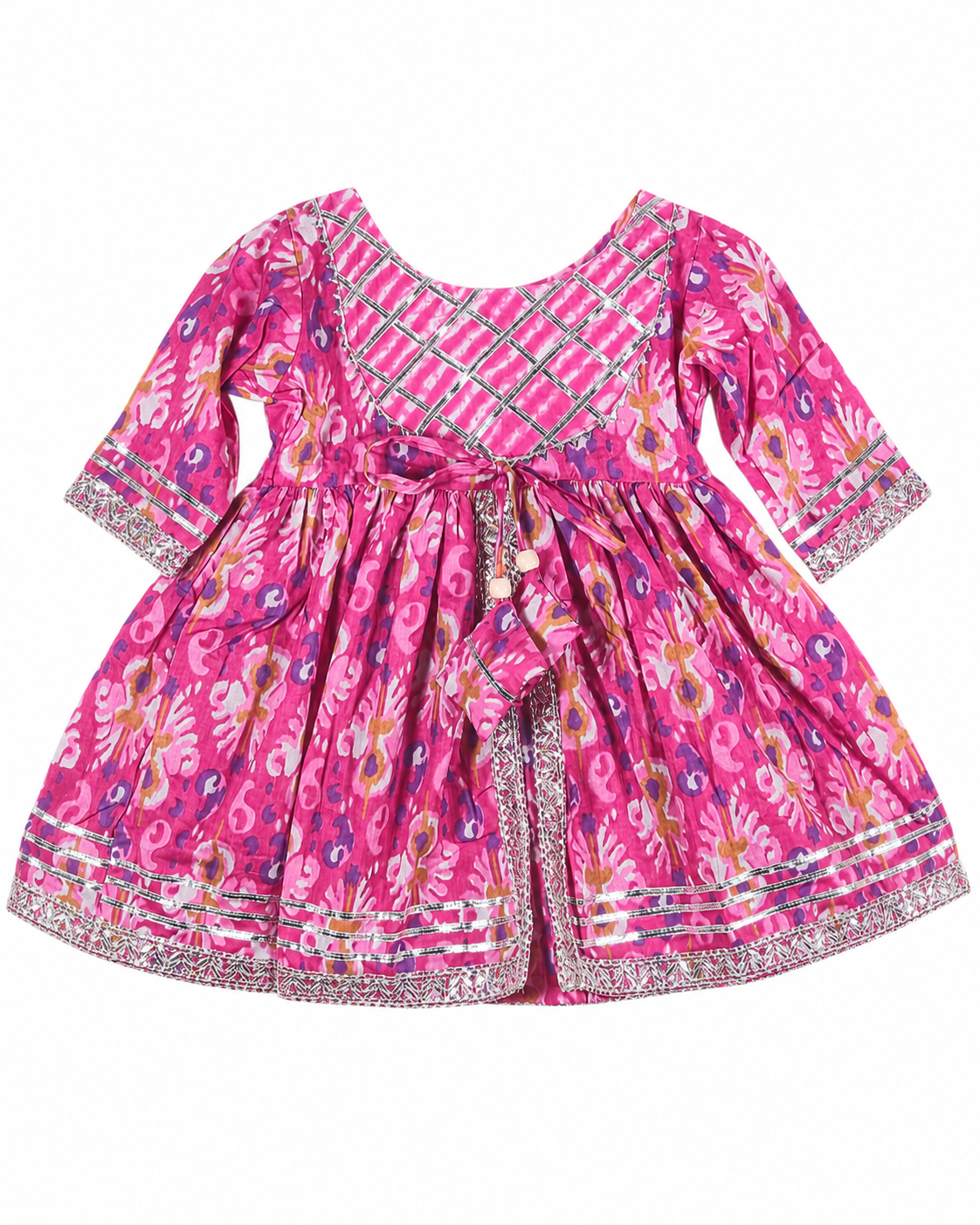 Pink floral dress with a patterned trim on a white background