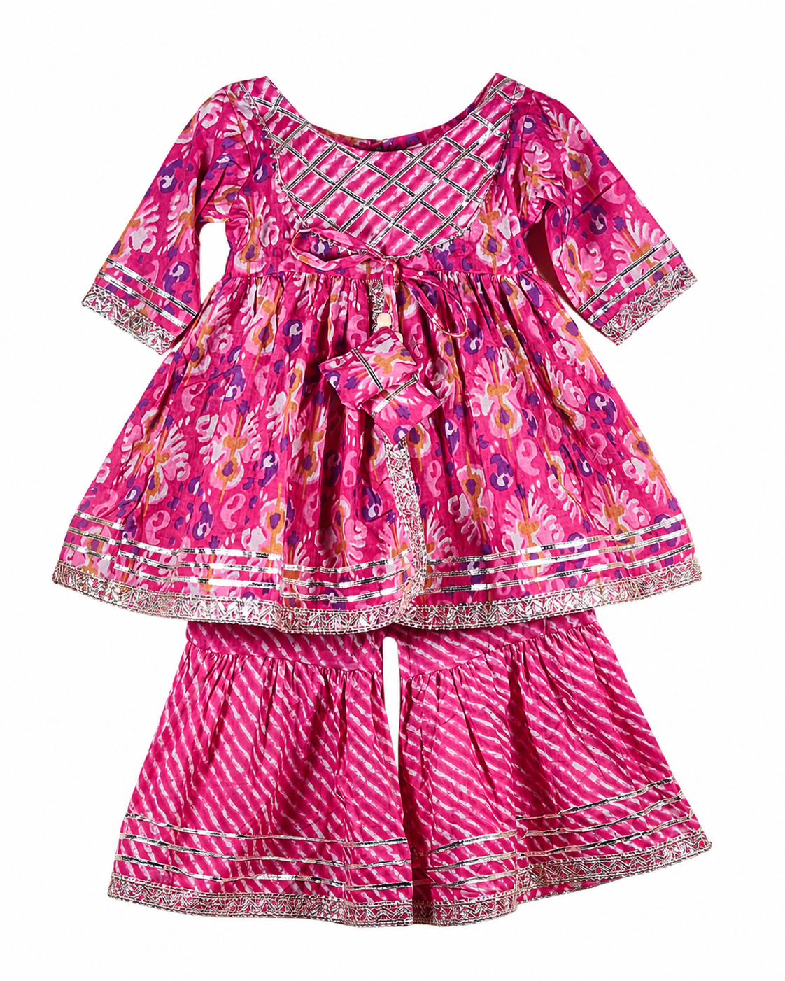 Pink children's dress with floral pattern on a white background