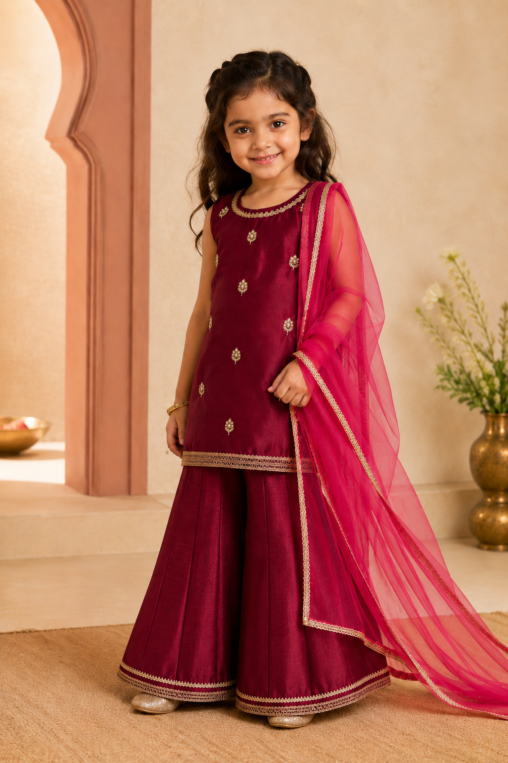Young girl in a maroon traditional outfit with a maroon dupatta standing indoors.