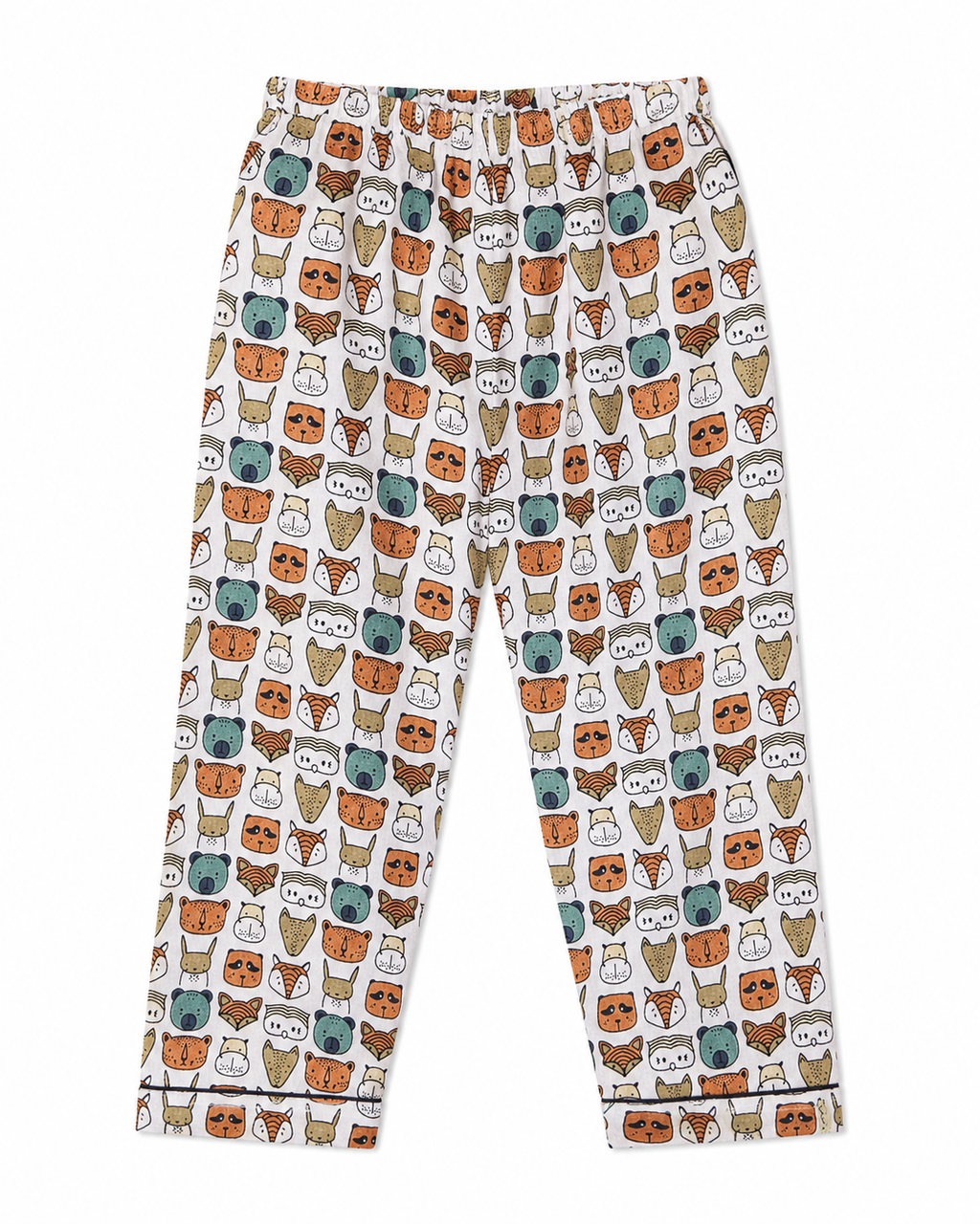 Pajama pants with a pattern of various animal faces on a white background