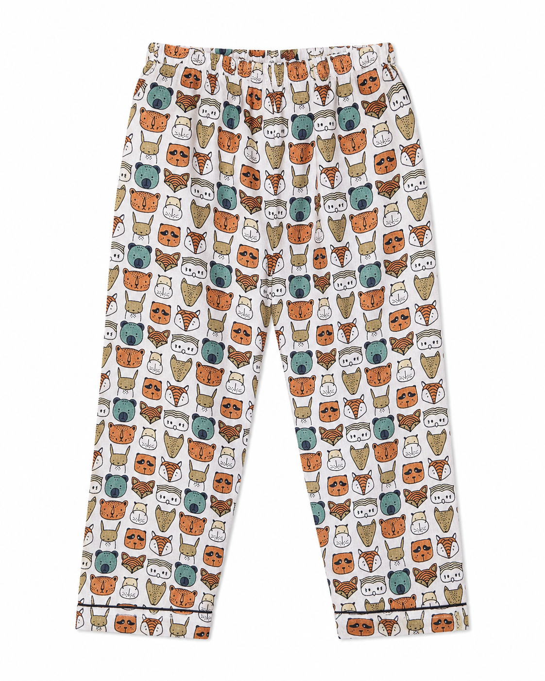 Pajama pants with a pattern of various animal faces on a white background