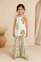 White Floral Sharara Set for Girls styled on child model by Miniminks
