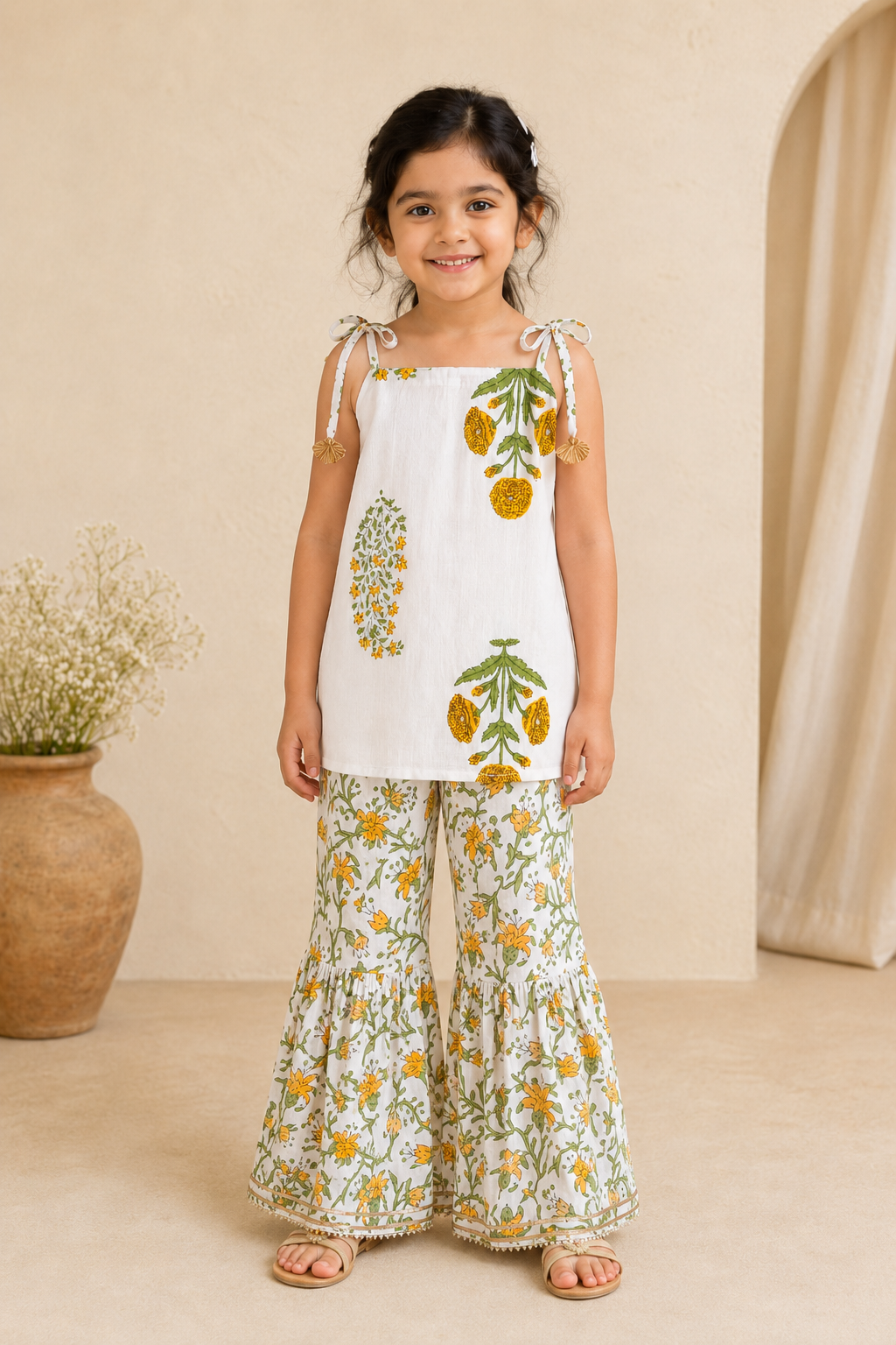 White Floral Sharara Set for Girls styled on child model by Miniminks