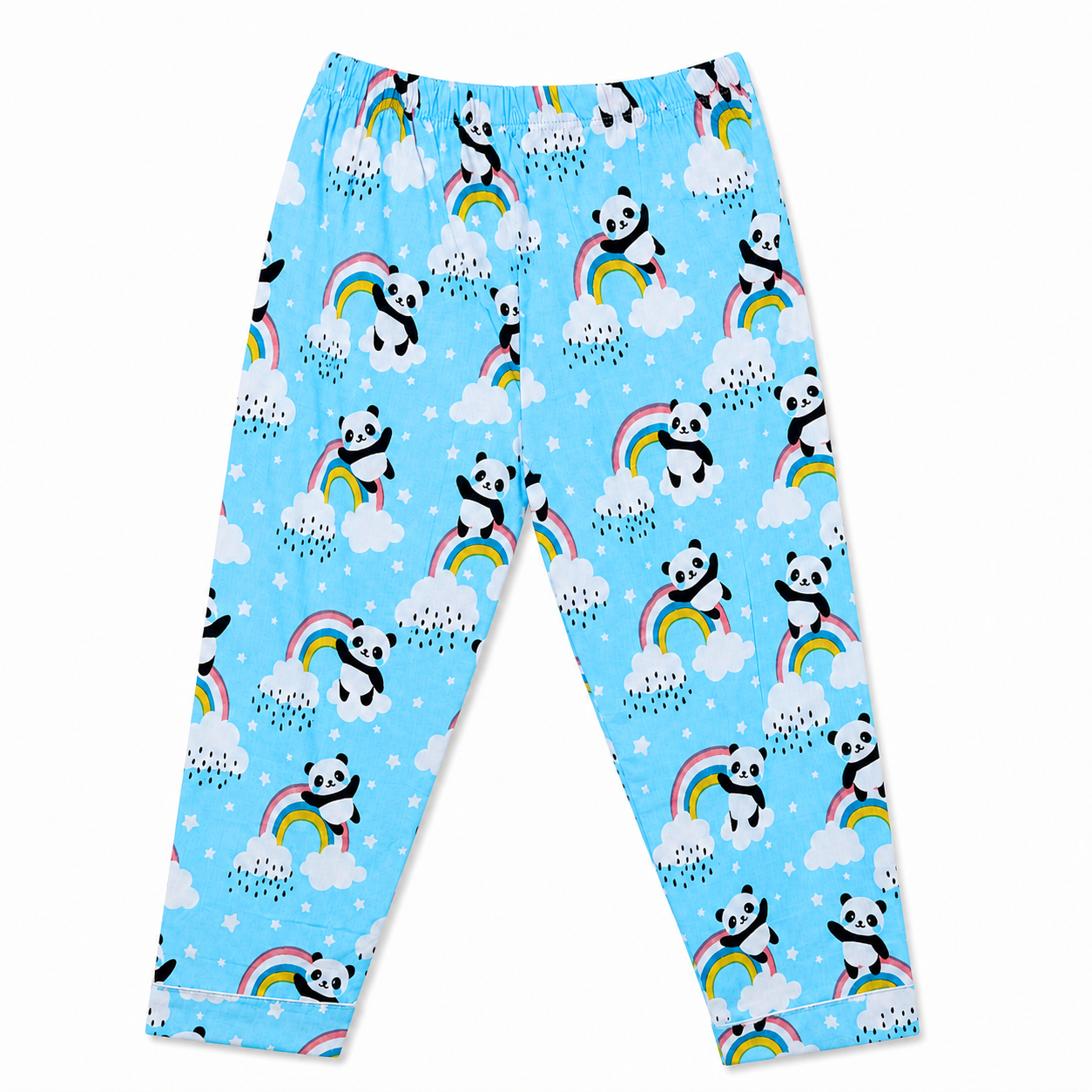 Children's pajama pants with panda and rainbow pattern on a blue background