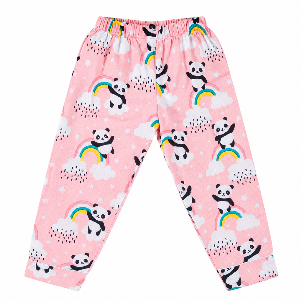 Pink pajama pants with panda and rainbow pattern on a white background