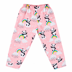 Pink pajama pants with panda and rainbow pattern on a white background