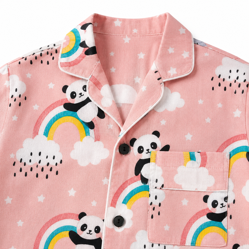 Pink pajama top with panda and rainbow patterns on a white background