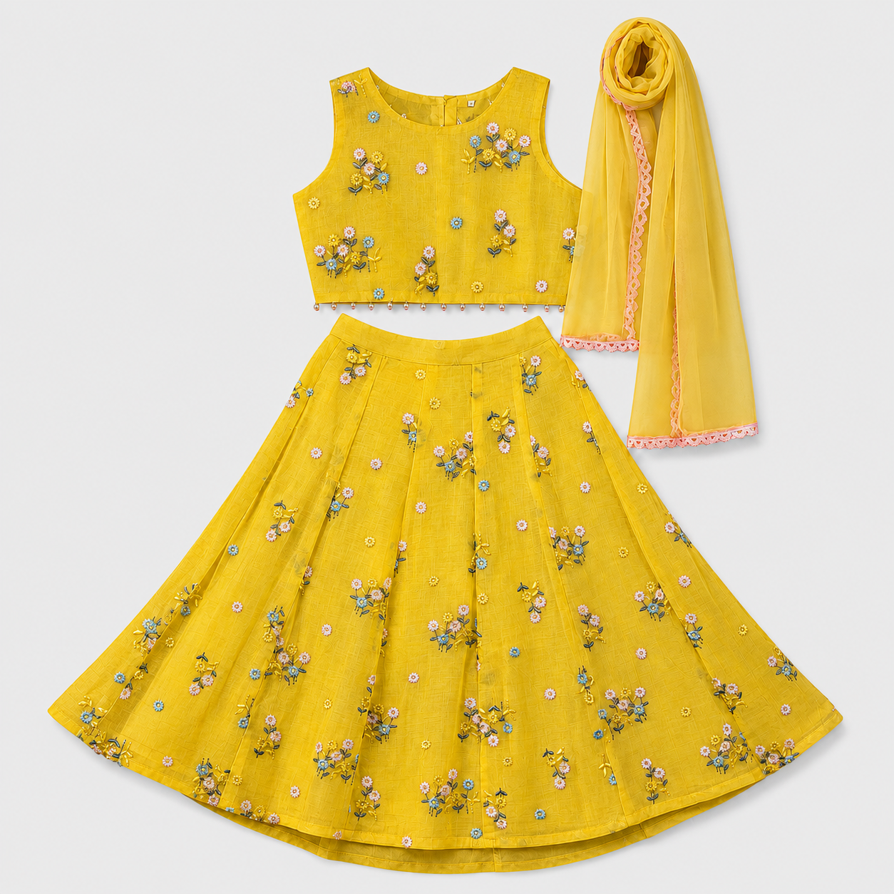 Yellow embroidered outfit with a matching dupatta on a light gray background