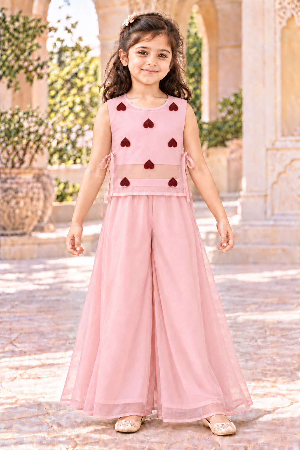 Blush Pink Organza Heart-Detail 3-Piece Palazzo Set for Girls