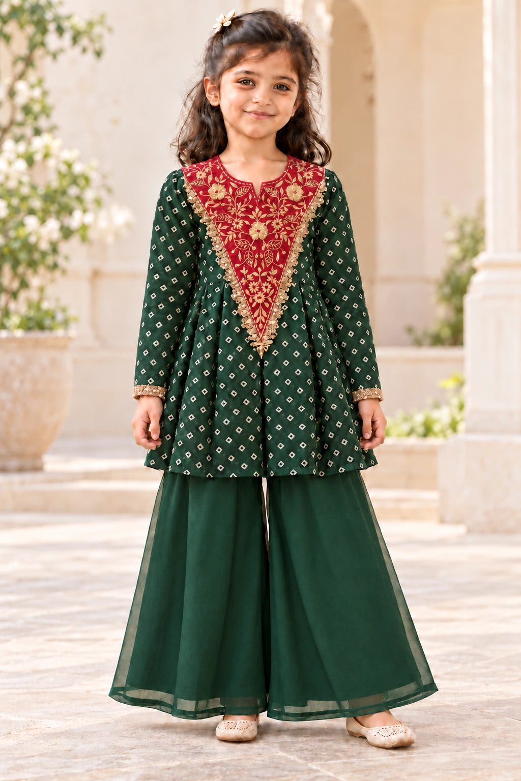 Girl wearing the bottle green chinon peplum and organza palazzo set