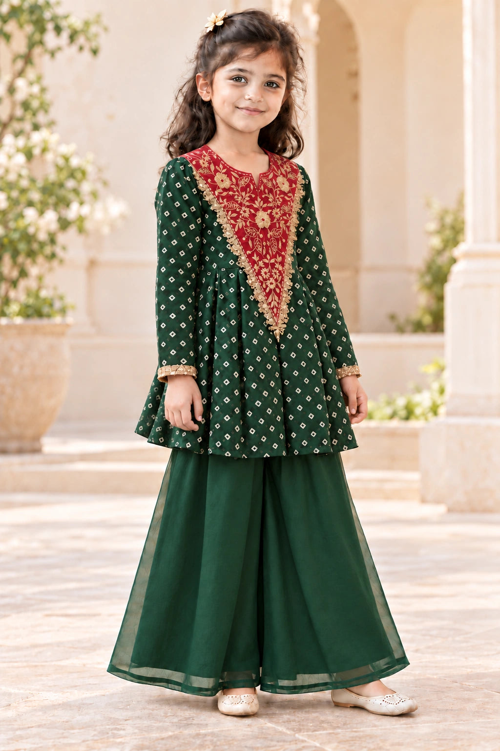 Three-quarter view of the bottle green girls peplum and palazzo set with a red embroidered front panel