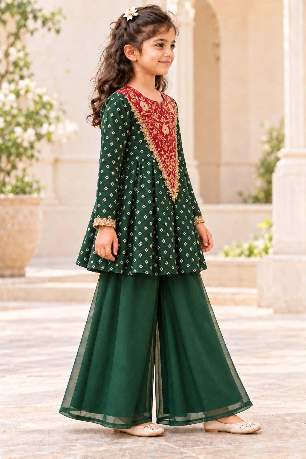 Side view of the bottle green peplum top with full sleeves and wide-flared palazzo trousers