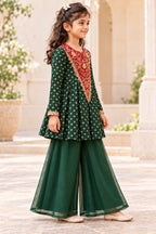 Side view of the bottle green peplum top with full sleeves and wide-flared palazzo trousers