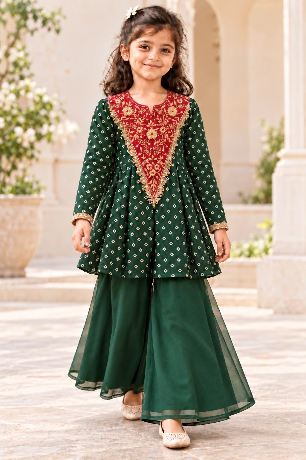 Girl walking in the bottle green chinon peplum top and wide-flared organza palazzo trousers