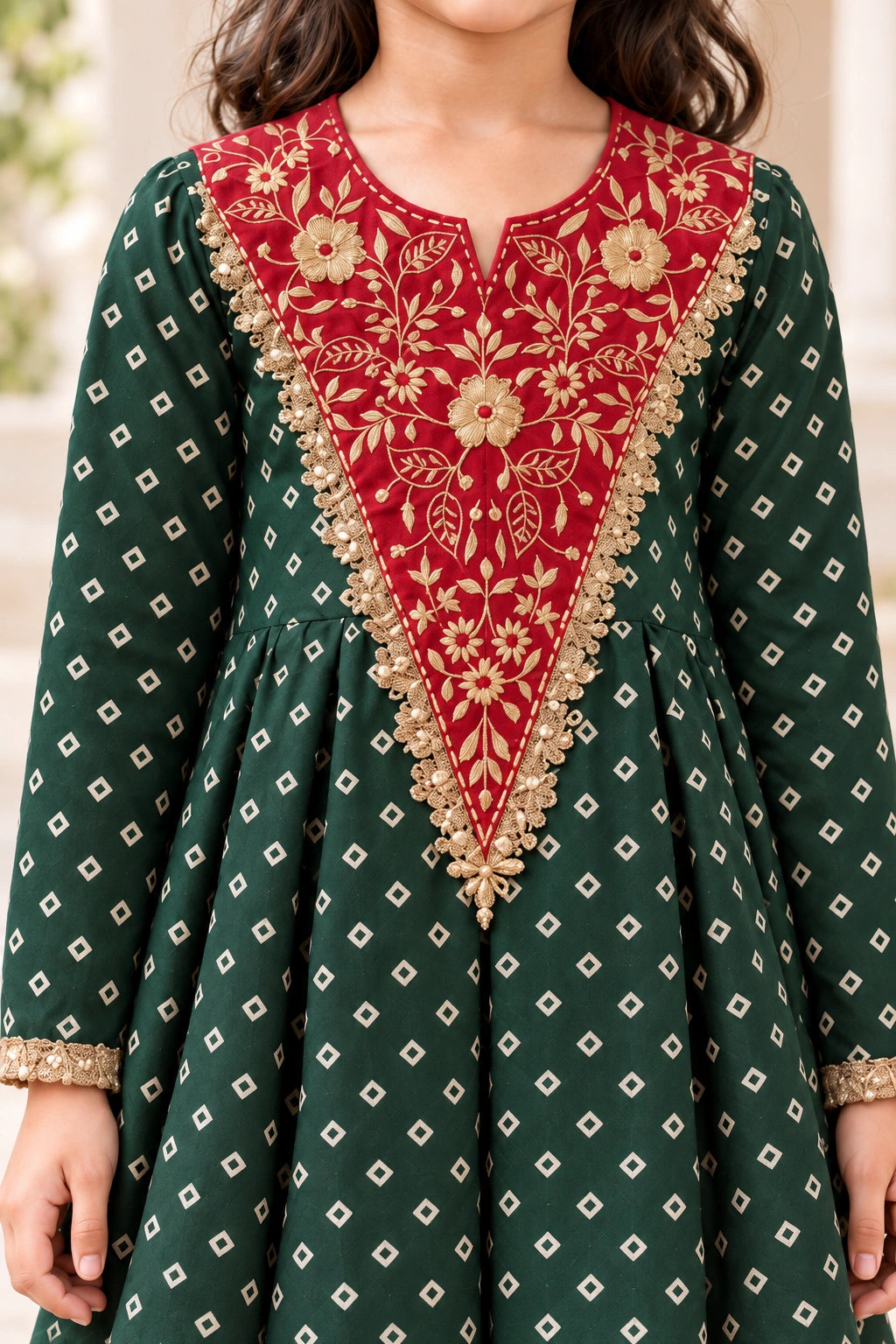 Red-maroon front panel with gold floral embroidery, decorative edging and notched neckline