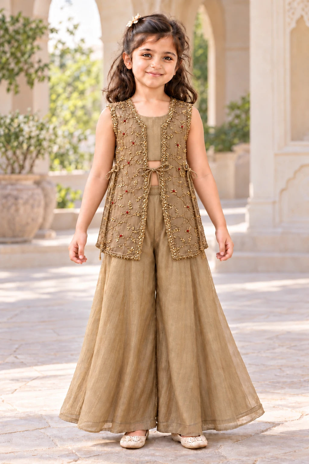 Girl wearing champagne gold shimmer crush jacket and palazzo set with a cropped inner blouse, front view