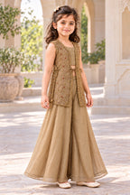 Three-quarter view of the girls champagne gold jacket palazzo set with front and side tie-ups