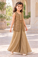Angled full-length view of the champagne gold three-piece ethnic set