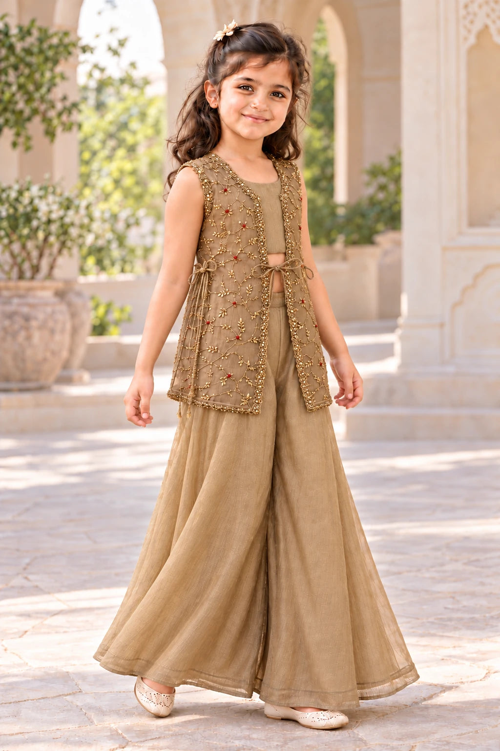 Angled full-length view of the champagne gold three-piece ethnic set