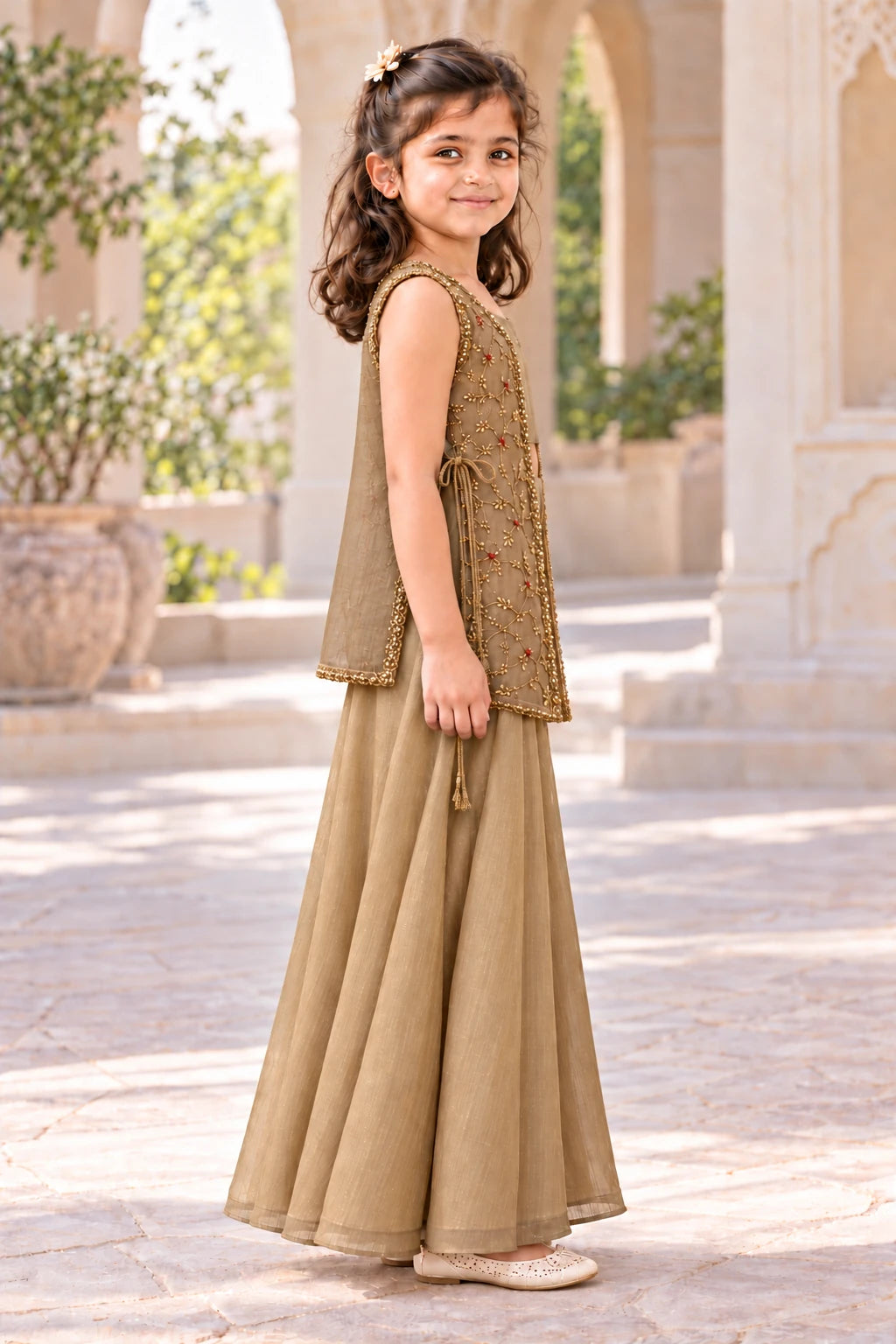 Side view of the sleeveless embroidered jacket, plain rear layer and wide-flared gold palazzos
