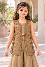 Closer view of the cropped blouse, floral thread-work jacket and front and side ties