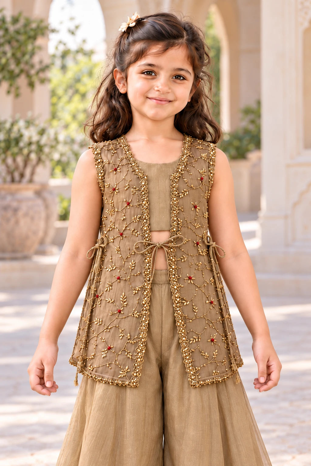 Closer view of the cropped blouse, floral thread-work jacket and front and side ties