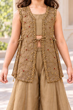 Gold floral vine thread work, small red accents, lace edging and jacket tie-ups